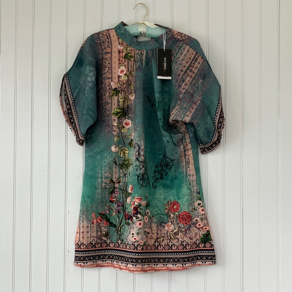 Floral Patterned Dress with Green and Pink Accents